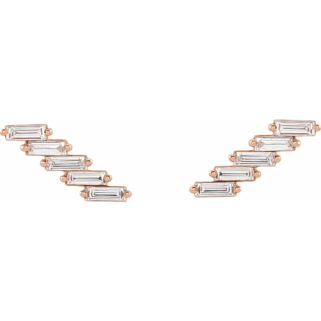 Diamond Baguette Climber Earrings - Rose Gold - front view