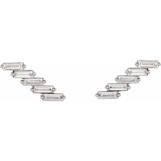 Diamond Baguette Climber Earrings - White Gold - front view