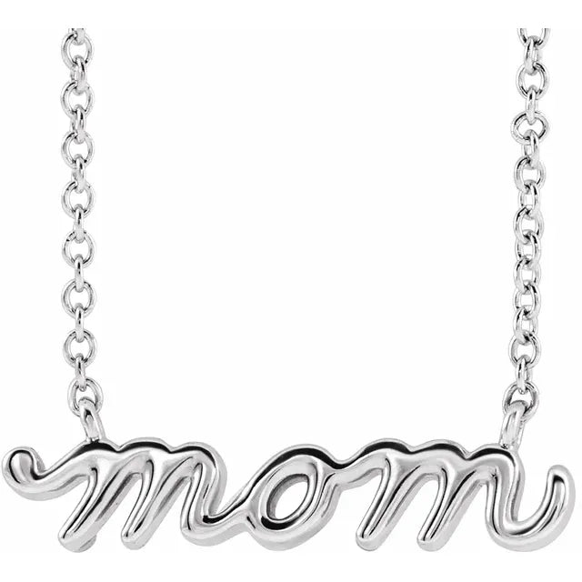 Mom Script Necklace - White Gold